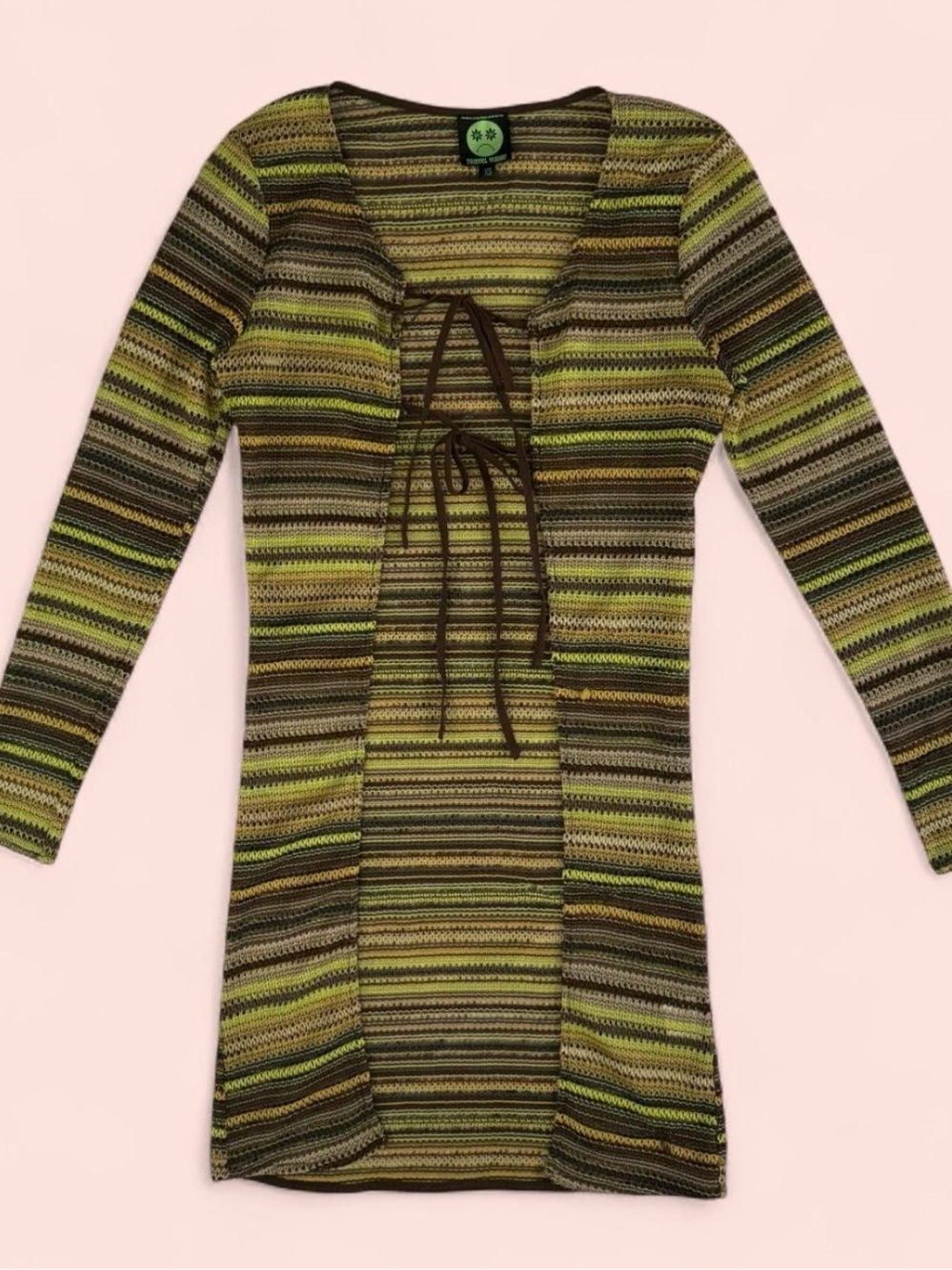 Y2K Tunnel Vision Green Brown Striped Tie Front Long Sleeve Knit Top